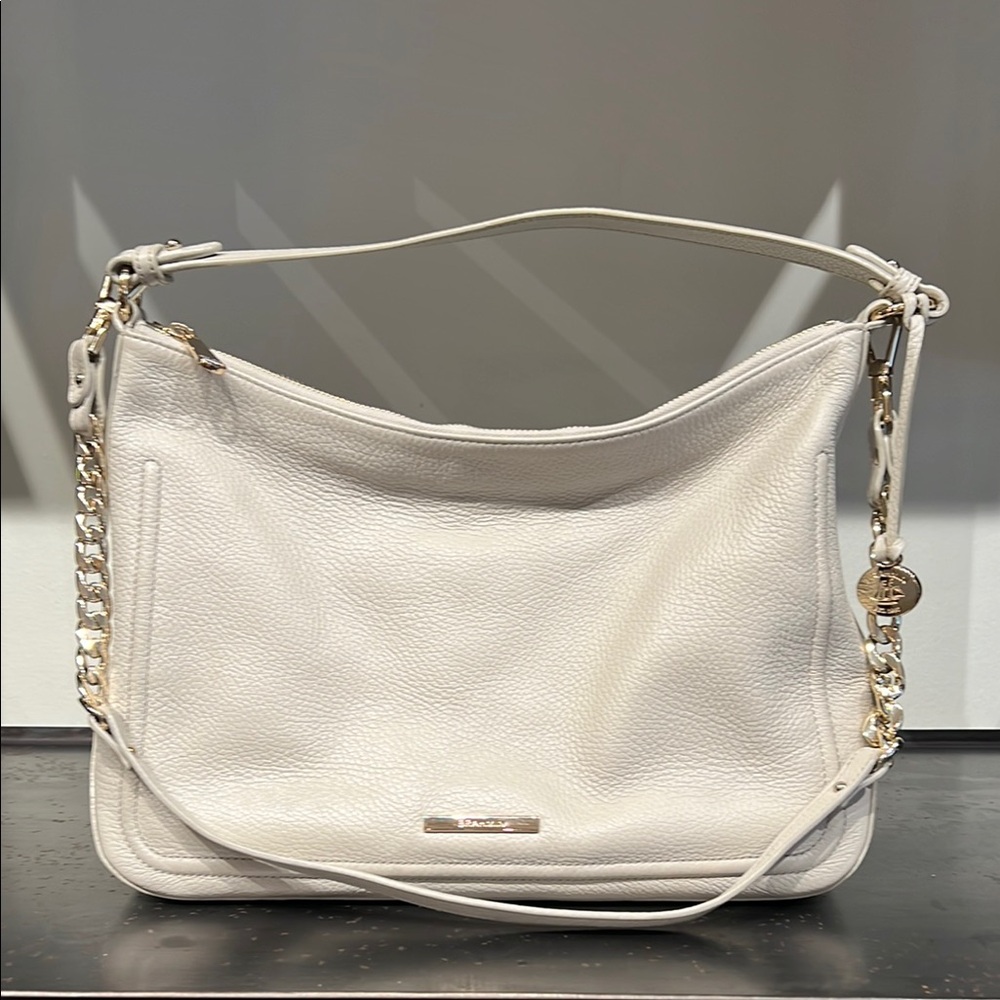 Brahmin HEATHER Latte/Stone Leather Shoulder Bag with Gold Hardware.